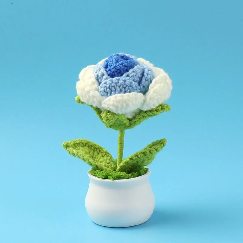 Crochet Knitted Artificial Flower Plant in Pot - Hand Woven Potted Desk Desktop Home Decor Gift Ornament