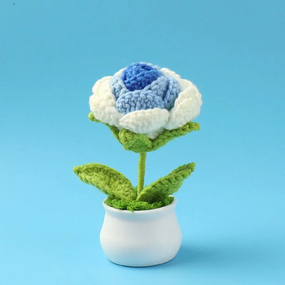 Crochet Knitted Artificial Flower Plant in Pot - Hand Woven Potted Desk Desktop Home Decor Gift Ornament