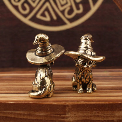 Mini Brass Copper Metal Sorcerer Cat Figurine – Desk Buddy Ornament Collectible