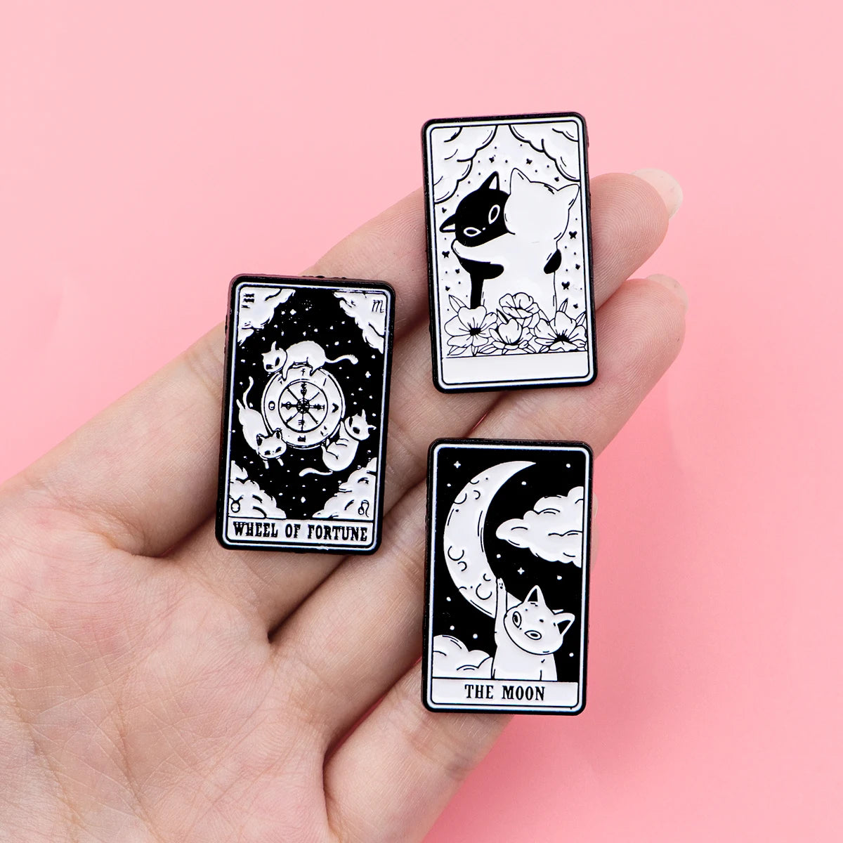 Mystic Black White Cats Tarot Card Design Enamel Pin Badges Moon Sun Strength Fortune Cat