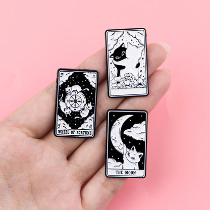 Mystic Black White Cats Tarot Card Design Enamel Pin Badges Moon Sun Strength Fortune Cat