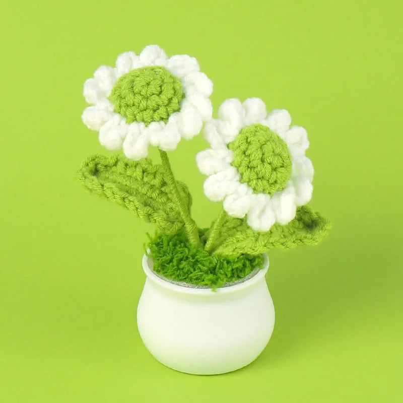 Crochet Knitted Artificial Flower Plant in Pot - Hand Woven Potted Desk Desktop Home Decor Gift Ornament