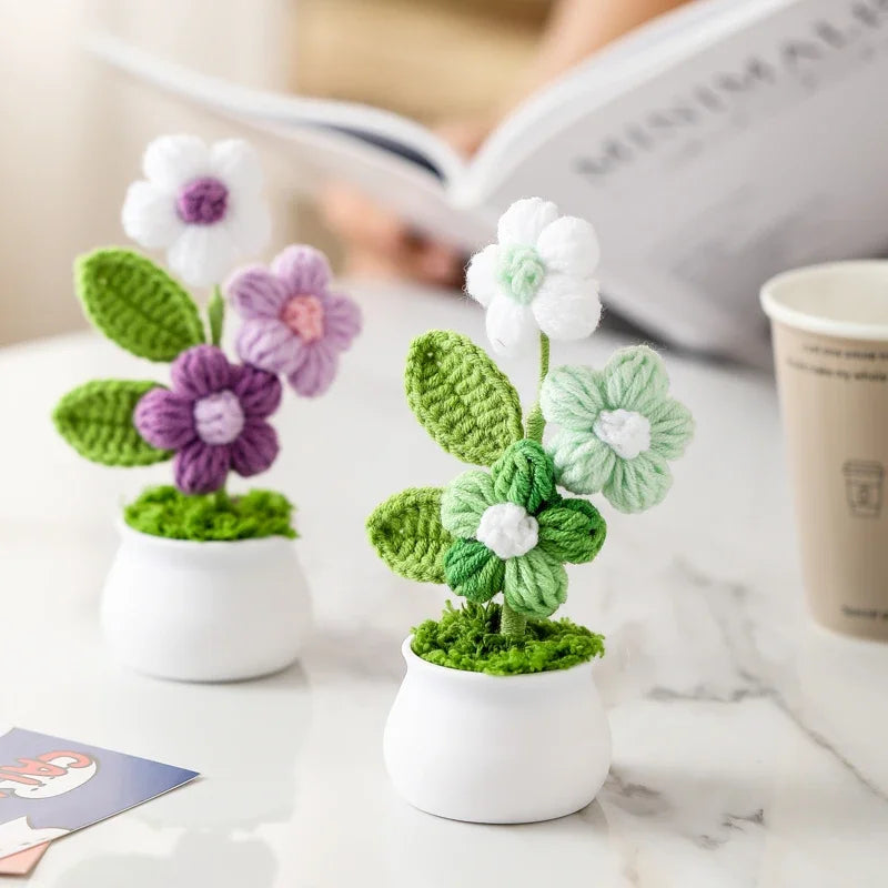 Crochet Knitted Artificial Flower Plant in Pot - Hand Woven Potted Desk Desktop Home Decor Gift Ornament