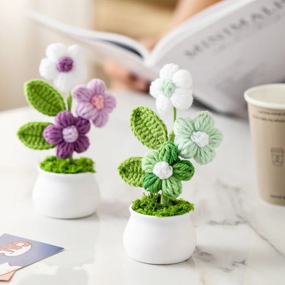 Crochet Knitted Artificial Flower Plant in Pot - Hand Woven Potted Desk Desktop Home Decor Gift Ornament