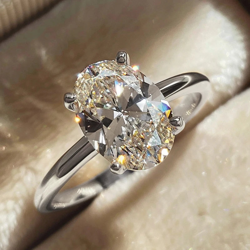 925 Sterling Silver / Golden Ring with Oval Zircon Gemstone – Womens Elegant Engagement Wedding Promise Band