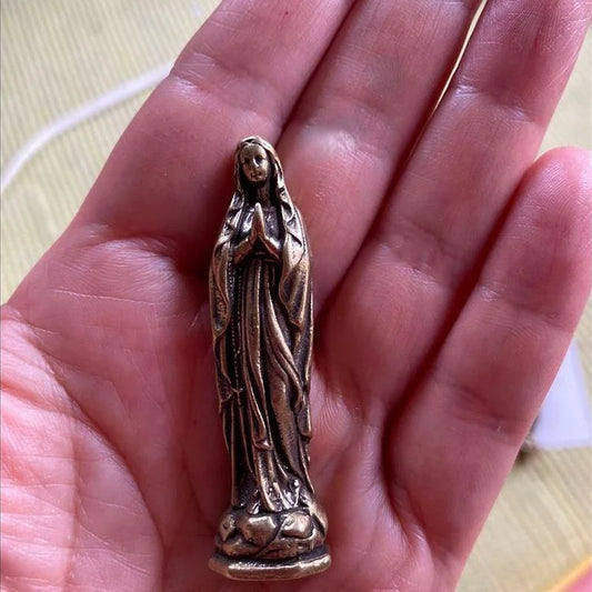 Mini Brass Copper Metal Blessed Holy Mother Mary Figurine – Desk Ornament Collectible