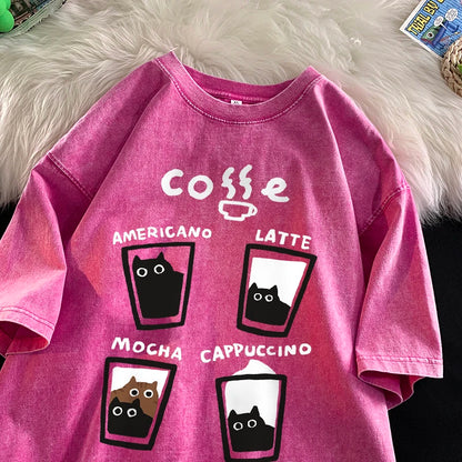 Cat Coffee T-Shirt – Cute Mocha Latte Graphic Tee for Men & Women | Summer Loose Fit Cotton