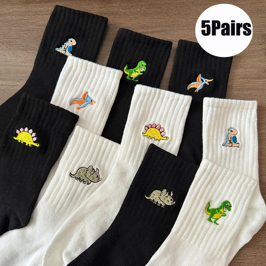 5 Pairs Women’s Dinosaur Crew Socks – Cute Embroidered Cartoon Dino Animal Sock Set