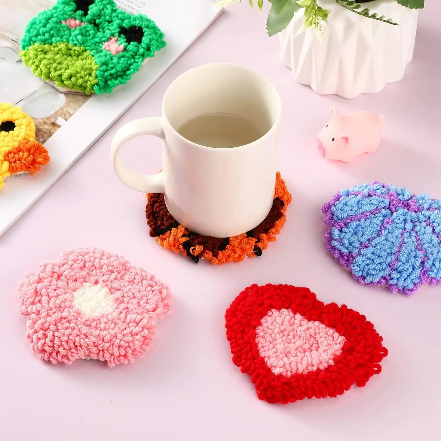 DIY Punch Needle Coaster Set Kit – Make 6 Flower Plant Design Coasters Multiple Design Choice Craft Embroidery