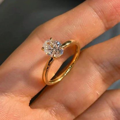 925 Sterling Silver / Golden Ring with Oval Zircon Gemstone – Womens Elegant Engagement Wedding Promise Band