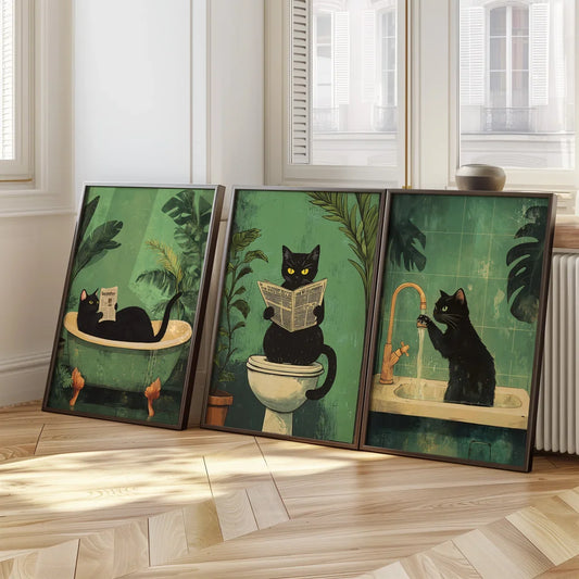 Funny Black Cat Bathroom Poster Set – Retro Canvas Animal Wall Art for Bathroom or Home Décor