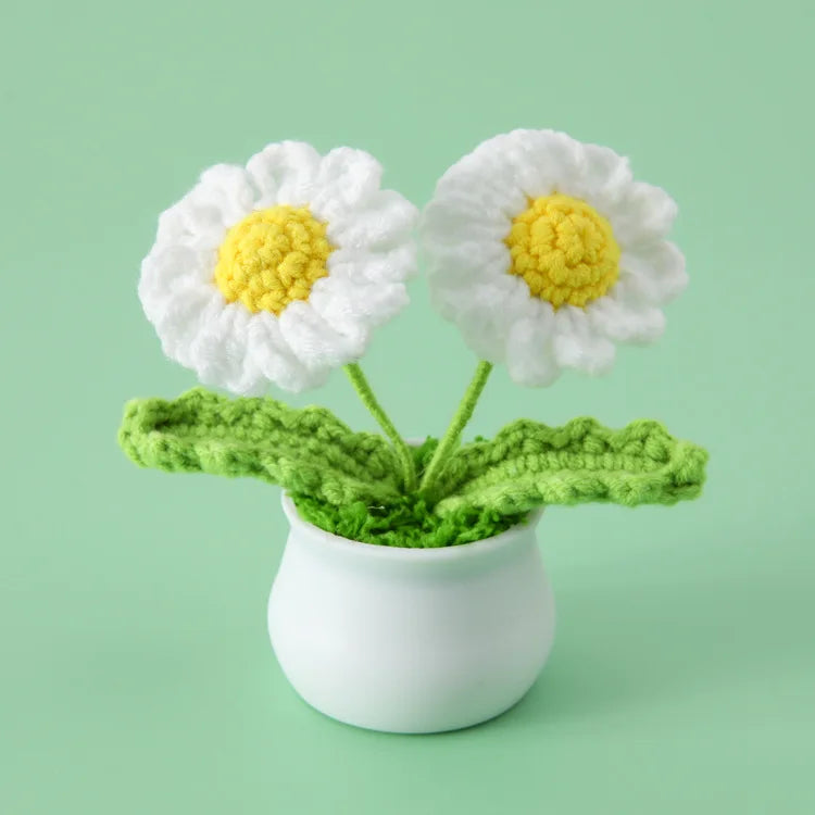 Crochet Knitted Artificial Flower Plant in Pot - Hand Woven Potted Desk Desktop Home Decor Gift Ornament