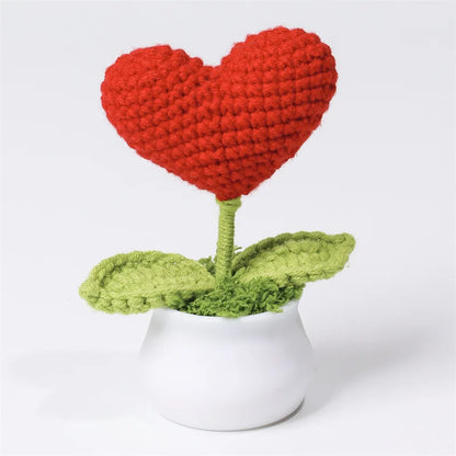 Crochet Knitted Artificial Flower Plant in Pot - Hand Woven Potted Desk Desktop Home Decor Gift Ornament