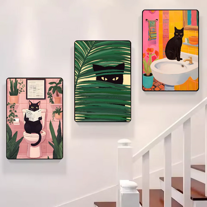 Funny Cute Black Cat Self Adhesive Posters – Retro Animal Wall Art Decoration Home Décor