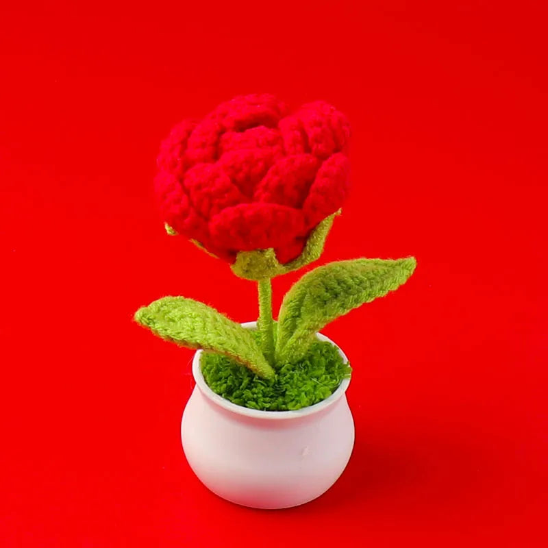 Crochet Knitted Artificial Flower Plant in Pot - Hand Woven Potted Desk Desktop Home Decor Gift Ornament