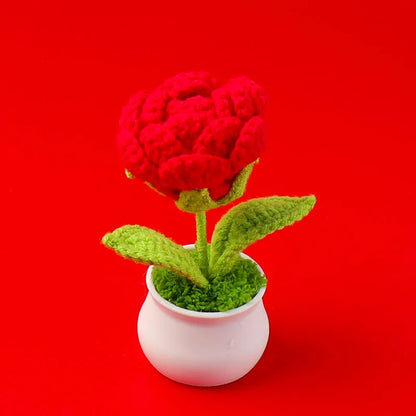 Crochet Knitted Artificial Flower Plant in Pot - Hand Woven Potted Desk Desktop Home Decor Gift Ornament