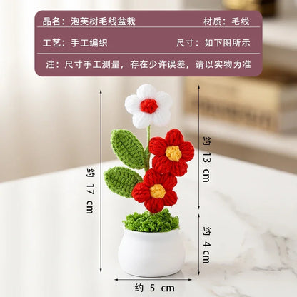 Crochet Knitted Artificial Flower Plant in Pot - Hand Woven Potted Desk Desktop Home Decor Gift Ornament