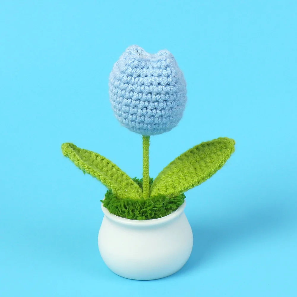 Crochet Knitted Artificial Flower Plant in Pot - Hand Woven Potted Desk Desktop Home Decor Gift Ornament