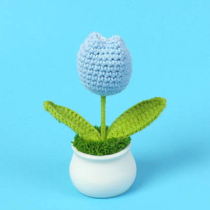 Crochet Knitted Artificial Flower Plant in Pot - Hand Woven Potted Desk Desktop Home Decor Gift Ornament