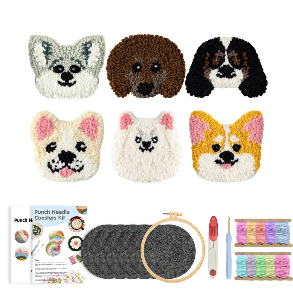 DIY Punch Needle Coaster Set Kit – Make 6 Dog Design Coasters Multiple Design Choice Craft Embroidery