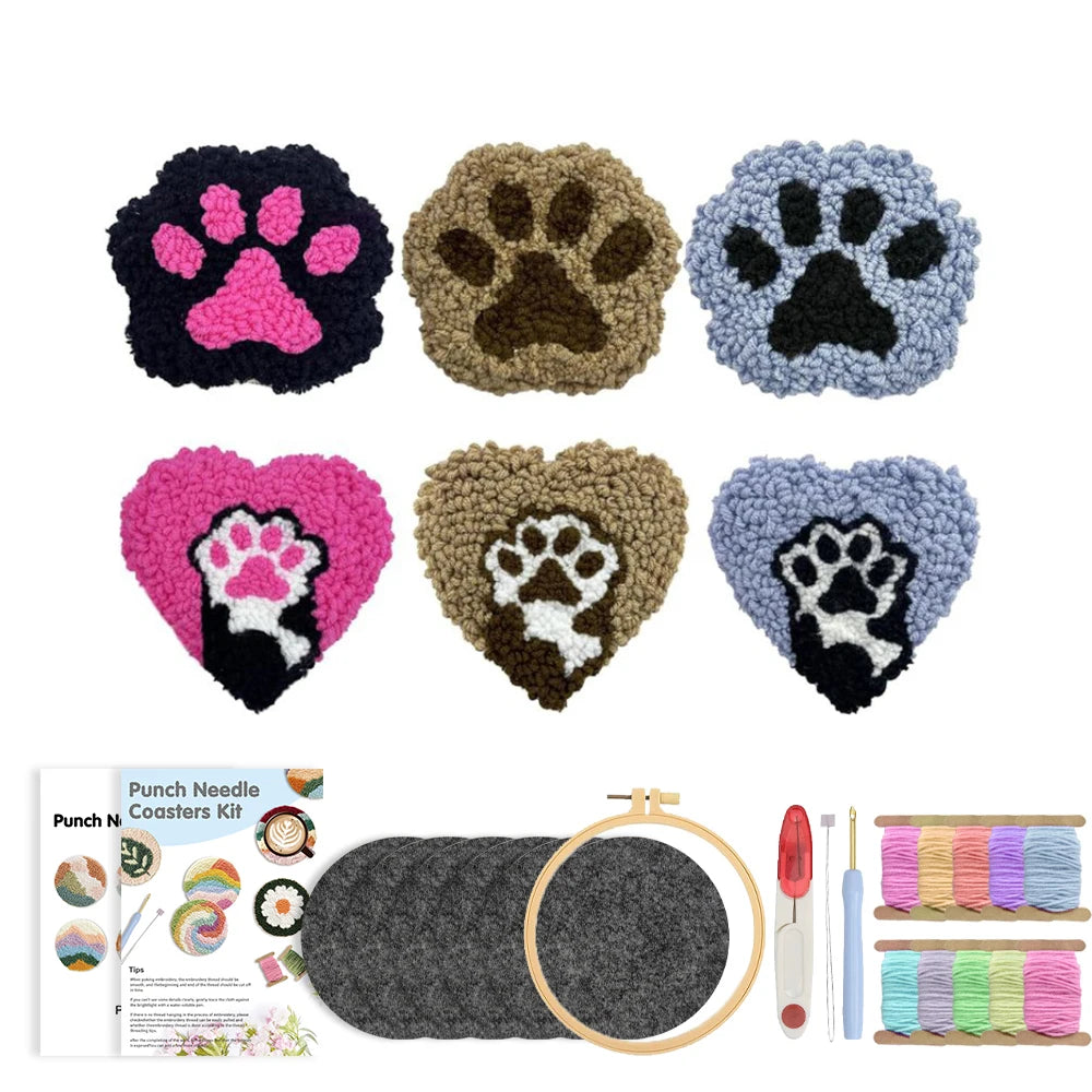 DIY Beginner Punch Needle Coaster Kit – Make 6 Animal Dog Frog Butterfly Paw Design Coasters - Multiple Design Choice Craft Embroidery