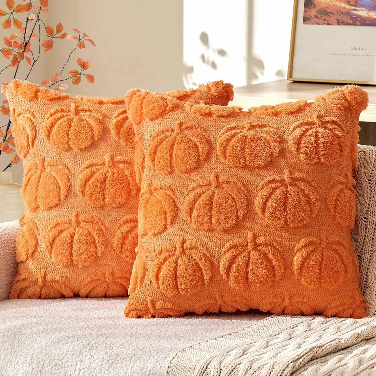 Festive Halloween Throw Pillow Covers 45×45cm – Orange White Brown Pumpkin Soft Plush