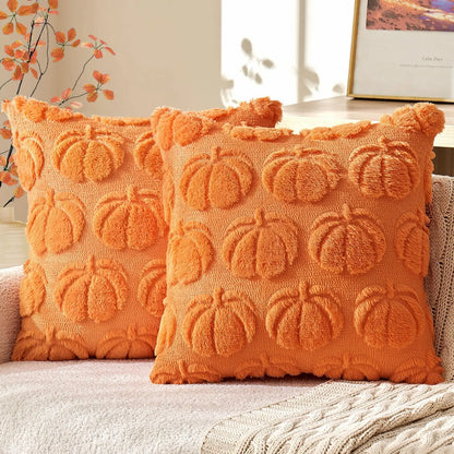 Festive Halloween Throw Pillow Covers 45×45cm – Orange White Brown Pumpkin Soft Plush