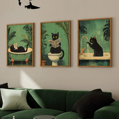 Funny Black Cat Bathroom Poster Set – Retro Canvas Animal Wall Art for Bathroom or Home Décor