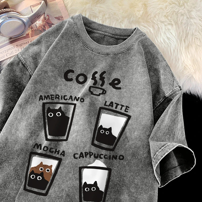 Cat Coffee T-Shirt – Cute Mocha Latte Graphic Tee for Men & Women | Summer Loose Fit Cotton