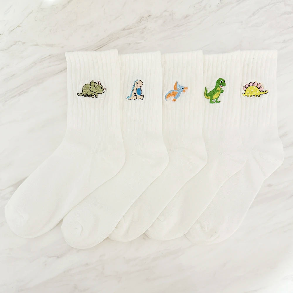 5 Pairs Women’s Dinosaur Crew Socks – Cute Embroidered Cartoon Dino Animal Sock Set