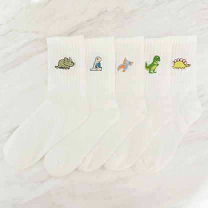 5 Pairs Women’s Dinosaur Crew Socks – Cute Embroidered Cartoon Dino Animal Sock Set