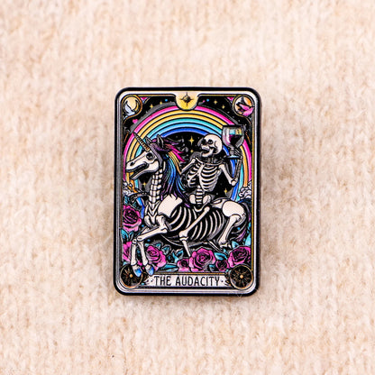 The Audacity Tarot Card Funny Skeleton Unicorn Enamel Brooch Lapel Pin Badge
