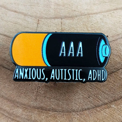 ANXIOUS AUTISTIC ADHD Battery Funny Enamel Brooch Lapel Pin Badge Autism Neurodivergent