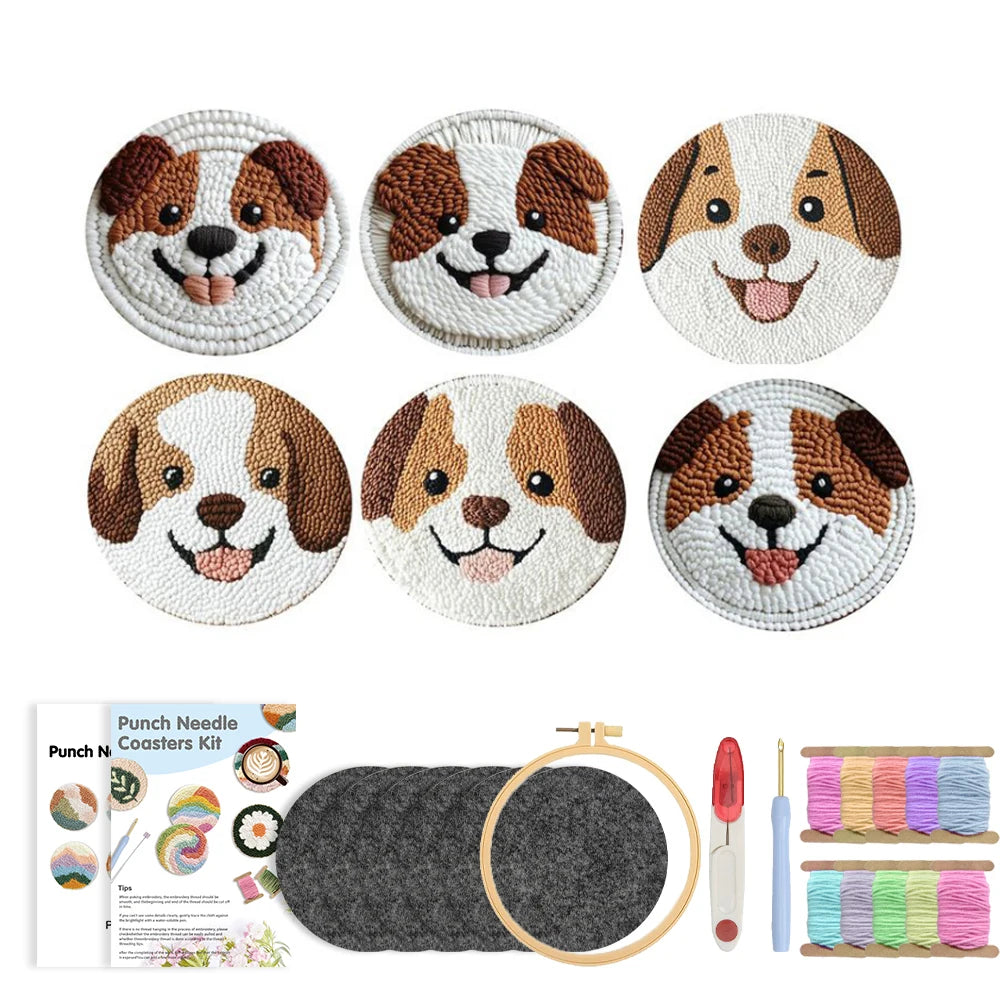 DIY Punch Needle Coaster Set Kit – Make 6 Dog Design Coasters Multiple Design Choice Craft Embroidery