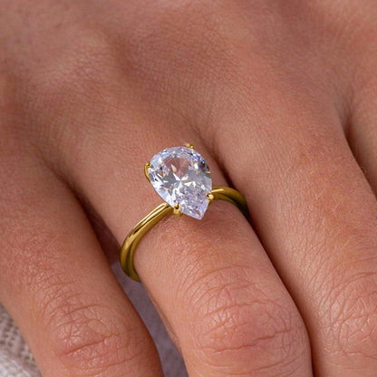 925 Sterling Silver / Golden Ring with Pear Shape Zircon Gemstone – Womens Elegant Engagement Wedding Promise Band
