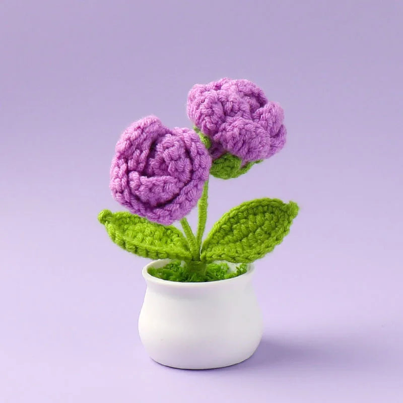 Crochet Knitted Artificial Flower Plant in Pot - Hand Woven Potted Desk Desktop Home Decor Gift Ornament