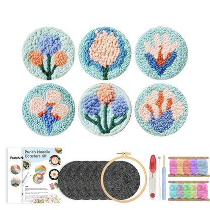 DIY Punch Needle Coaster Set Kit – Make 6 Flower Plant Design Coasters Multiple Design Choice Craft Embroidery