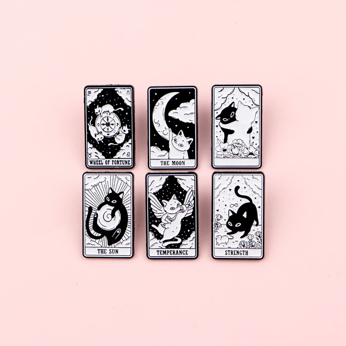Mystic Black White Cats Tarot Card Design Enamel Pin Badges Moon Sun Strength Fortune Cat