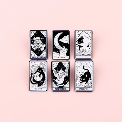 Mystic Black White Cats Tarot Card Design Enamel Pin Badges Moon Sun Strength Fortune Cat