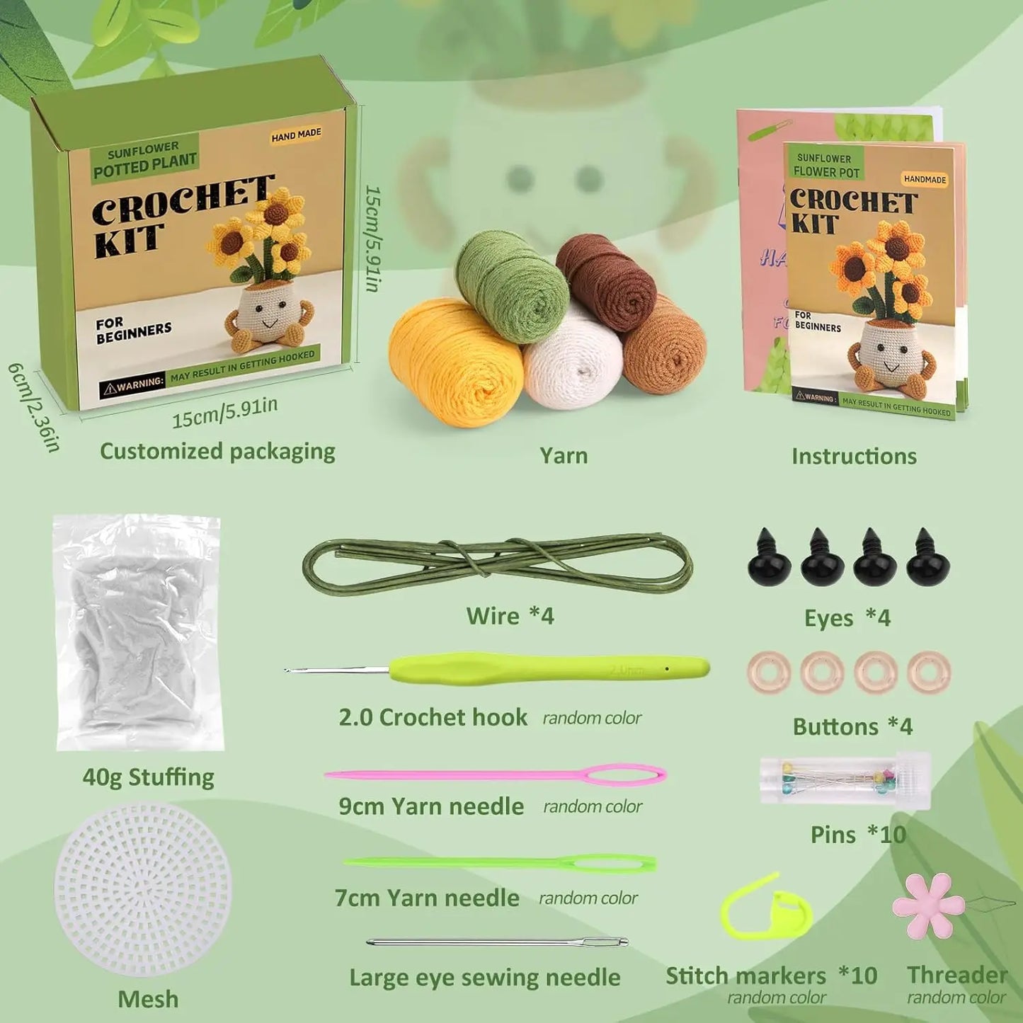 DIY Potted Plant Crochet Kit Beginners Starter – Daisy, Crocus, Snowdrop, Sunflower, Tulip Design