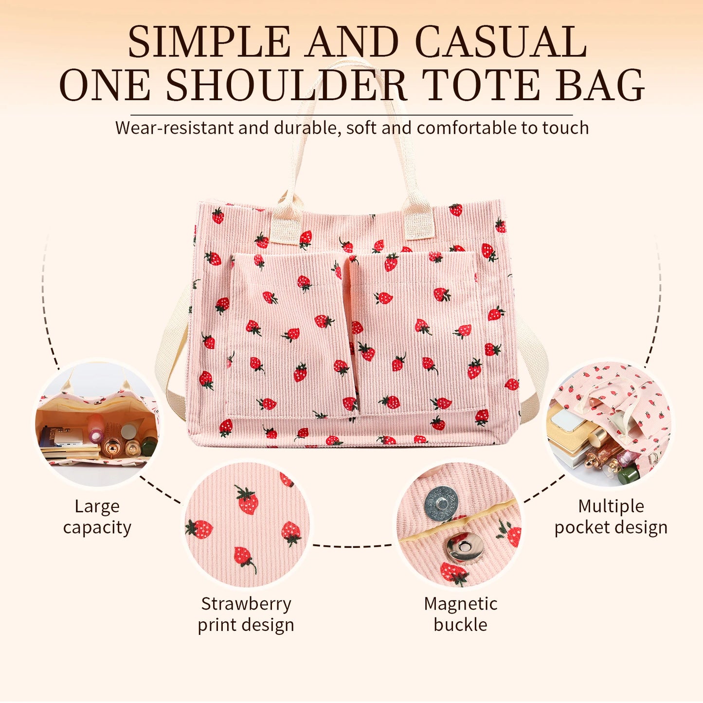 Large Capacity Strawberry Fabric Tote Bag – Adjustable Shoulder Bag for Work, School, Shopping