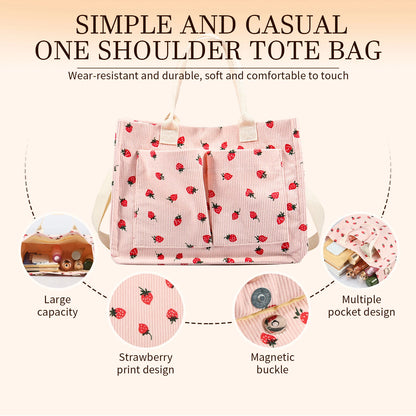 Large Capacity Strawberry Fabric Tote Bag – Adjustable Shoulder Bag for Work, School, Shopping