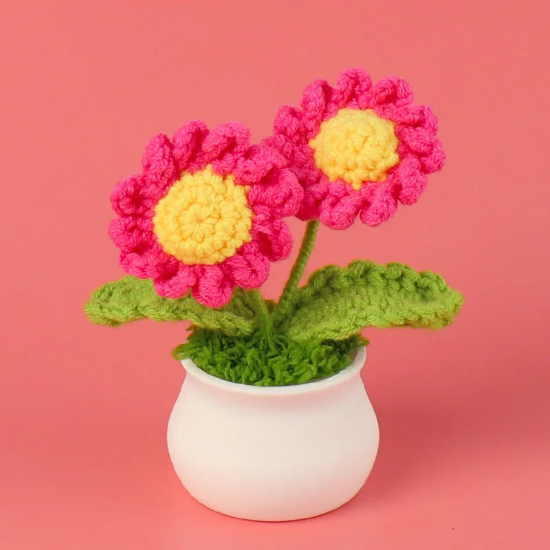 Crochet Knitted Artificial Flower Plant in Pot - Hand Woven Potted Desk Desktop Home Decor Gift Ornament