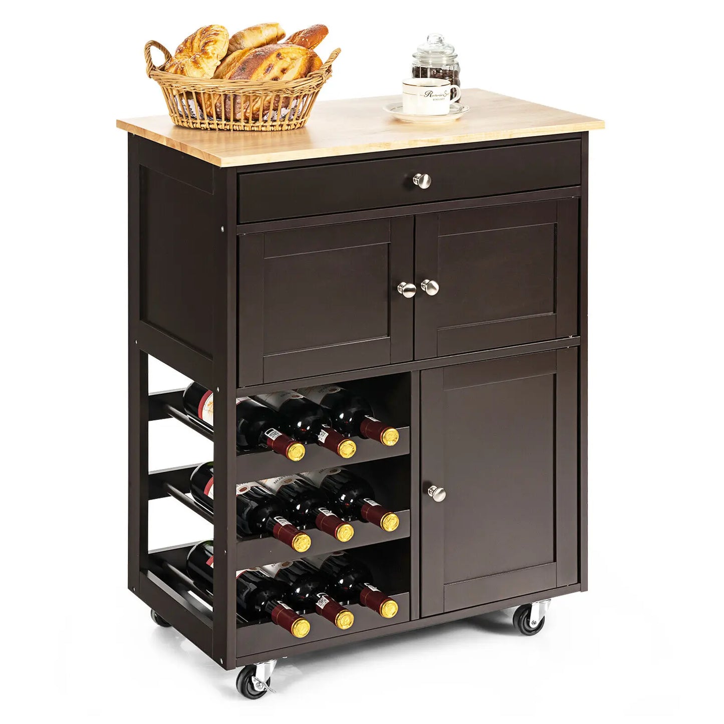 Rolling Kitchen Trolley Cart with Storage Cabinet & Wine Rack – 3-Tier Island on Wheels with Drawer