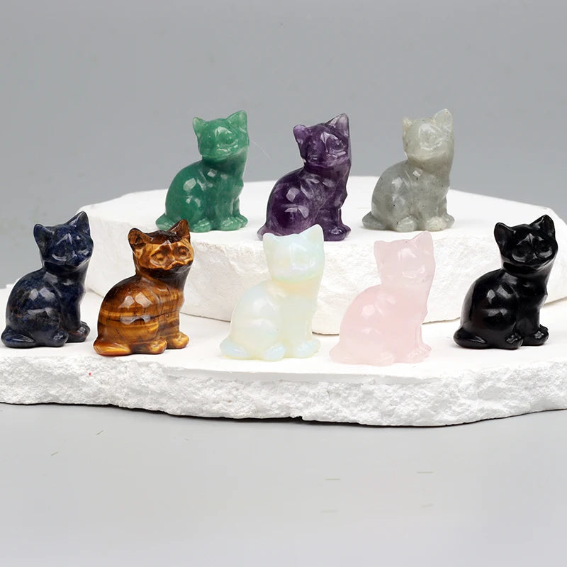 Crystal Cat Figurines – Hand-Carved Natural Stone Animal Cats Figures for Chakra Energy Healing & Home Décor