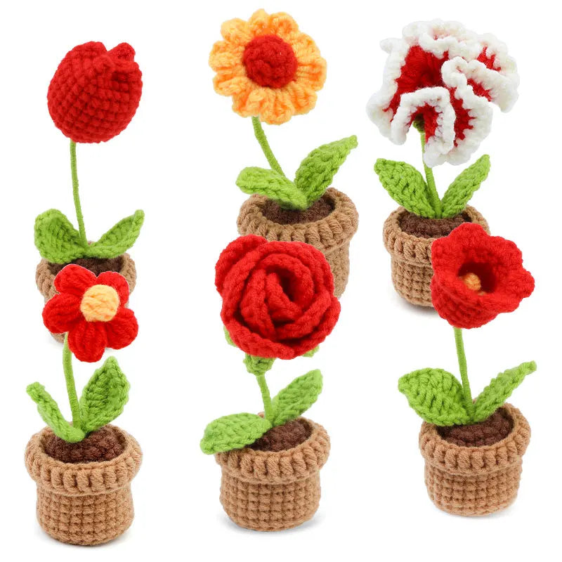 DIY Crochet Potted Flower Kit – Make 6 Plants Yellow / Red / Pink Flowers
