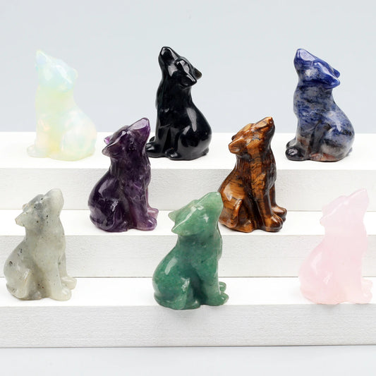 Crystal Howling Wolf Figurines – Hand-Carved Natural Stone Animal Wolves Figures for Chakra Energy Healing & Home Décor