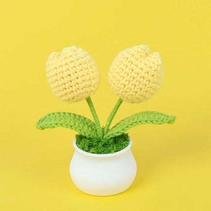 Crochet Knitted Artificial Flower Plant in Pot - Hand Woven Potted Desk Desktop Home Decor Gift Ornament