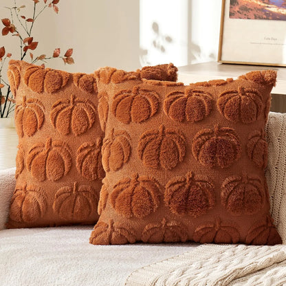 Festive Halloween Throw Pillow Covers 45×45cm – Orange White Brown Pumpkin Soft Plush