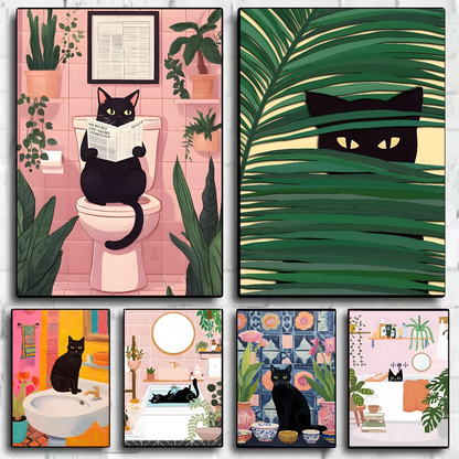 Funny Cute Black Cat Self Adhesive Posters – Retro Animal Wall Art Decoration Home Décor